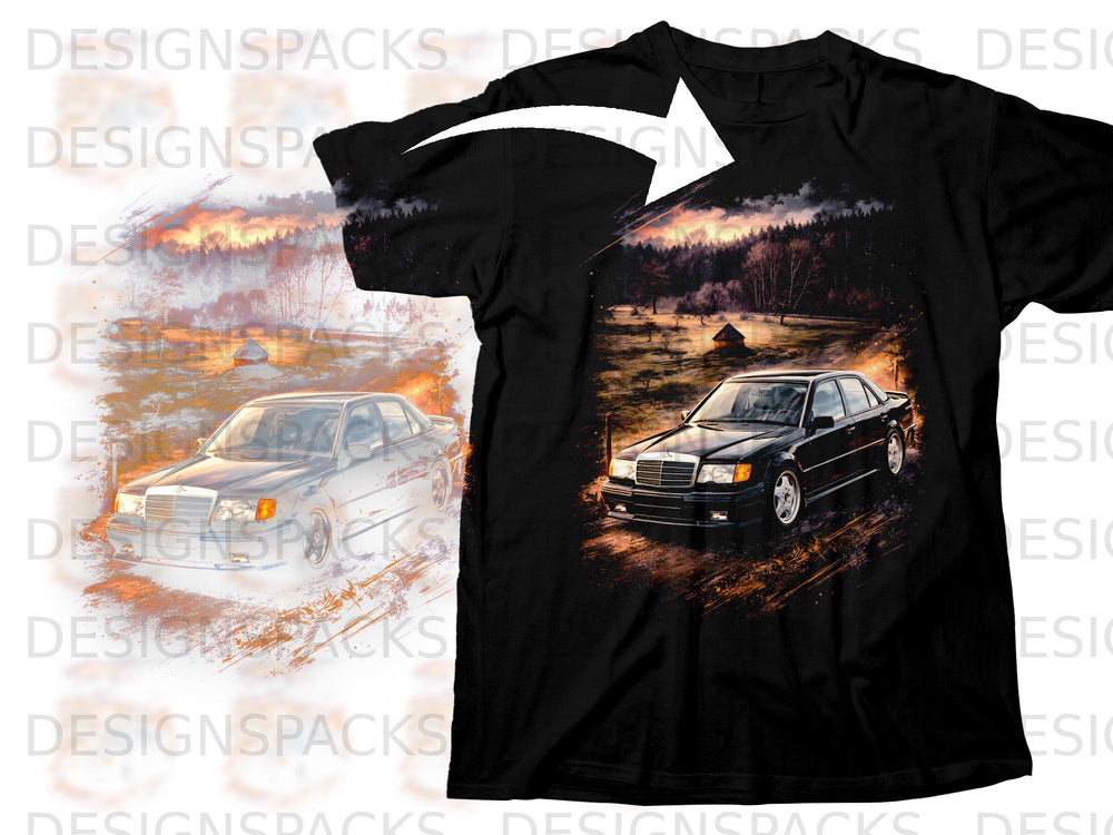 Black t-shirt with a graphic of a black Mercedes-Benz sedan in a snowy, wooded landscape.