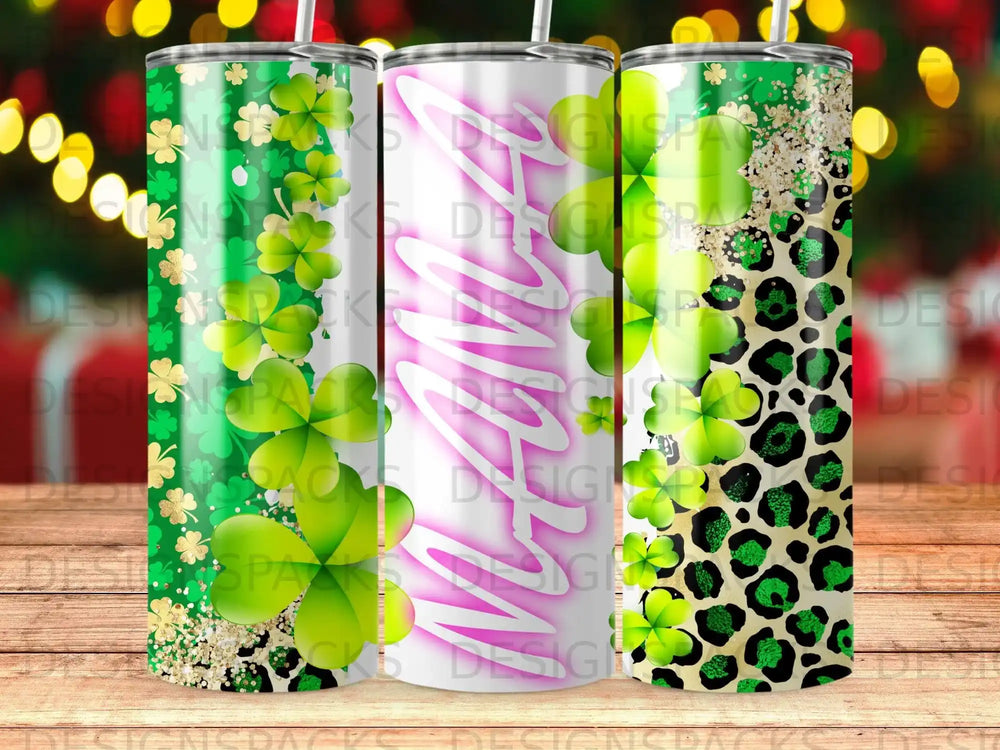 Three tumblers with shamrock, leopard print, and glitter patterns.