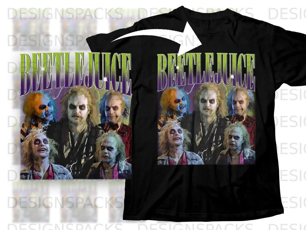 Black t-shirt with a Beetlejuice collage graphic.