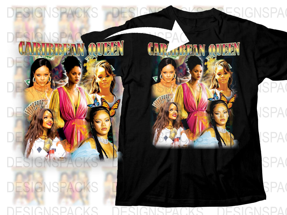 Caribbean Queen Graphic T-Shirt, Vintage Style Pop Star Multiple Images Design, Colorful Women's Tee