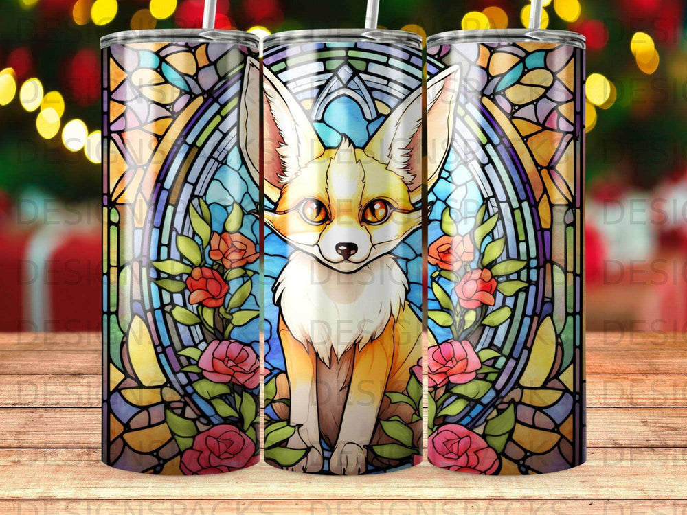 Stained glass art of a fennec fox with roses, on a tumbler.