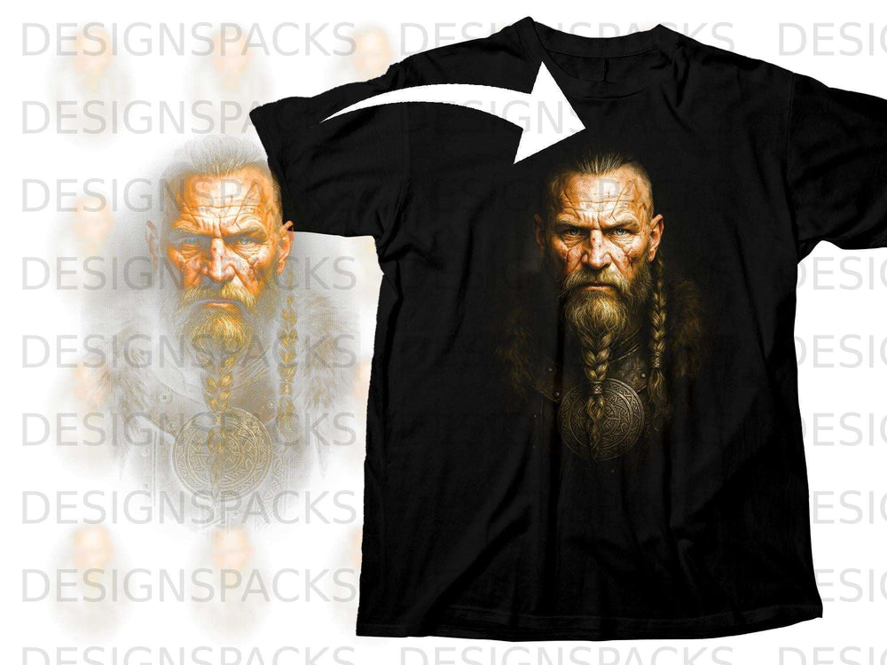 Black t-shirt with a Viking portrait graphic and a white arrow pointing to the design.