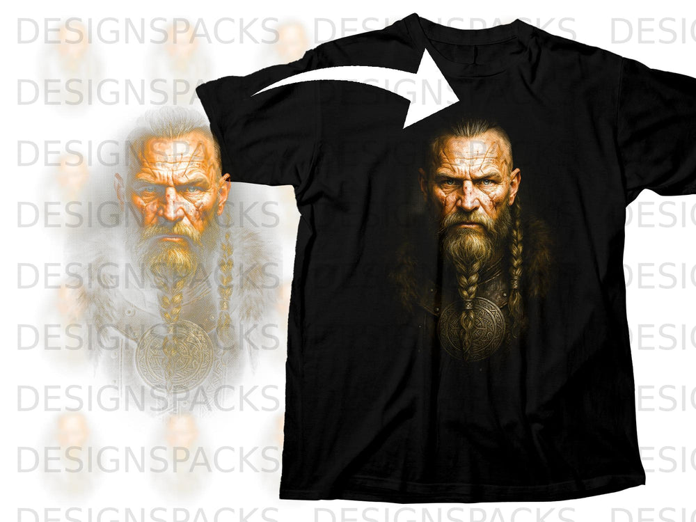 Black t-shirt with a Viking portrait graphic and a white arrow pointing to the design.