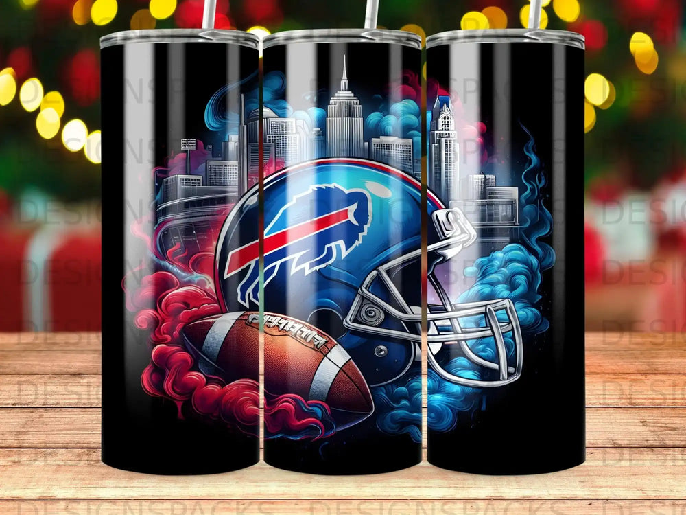 Buffalo Bills helmet and football with cityscape, on a tumbler.