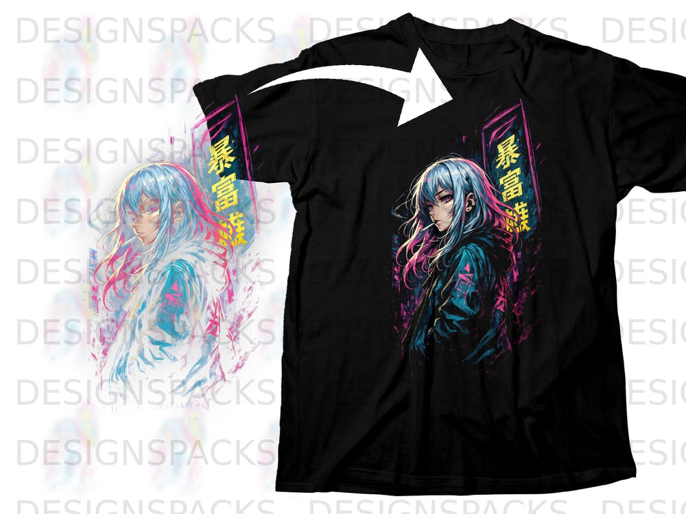 Black t-shirt with anime girl illustration featuring pink and blue hair and Japanese text.