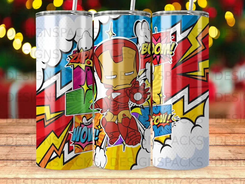 Iron Man superhero tumbler with comic book style action words like "Zap" and "Boom".