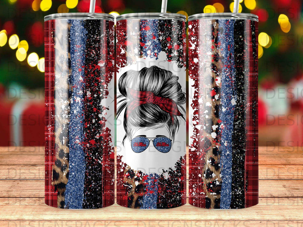Tumbler with messy bun, sunglasses, and Ole Miss logo, featuring patriotic and leopard print.
