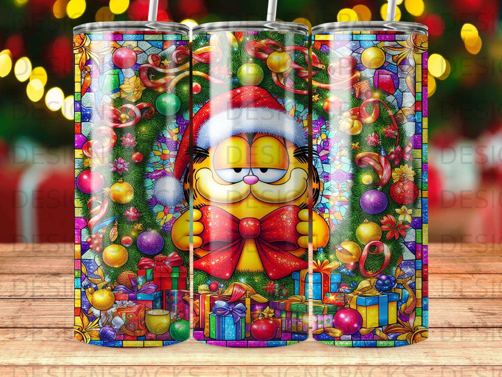 Garfield in Santa hat with Christmas ornaments and presents.