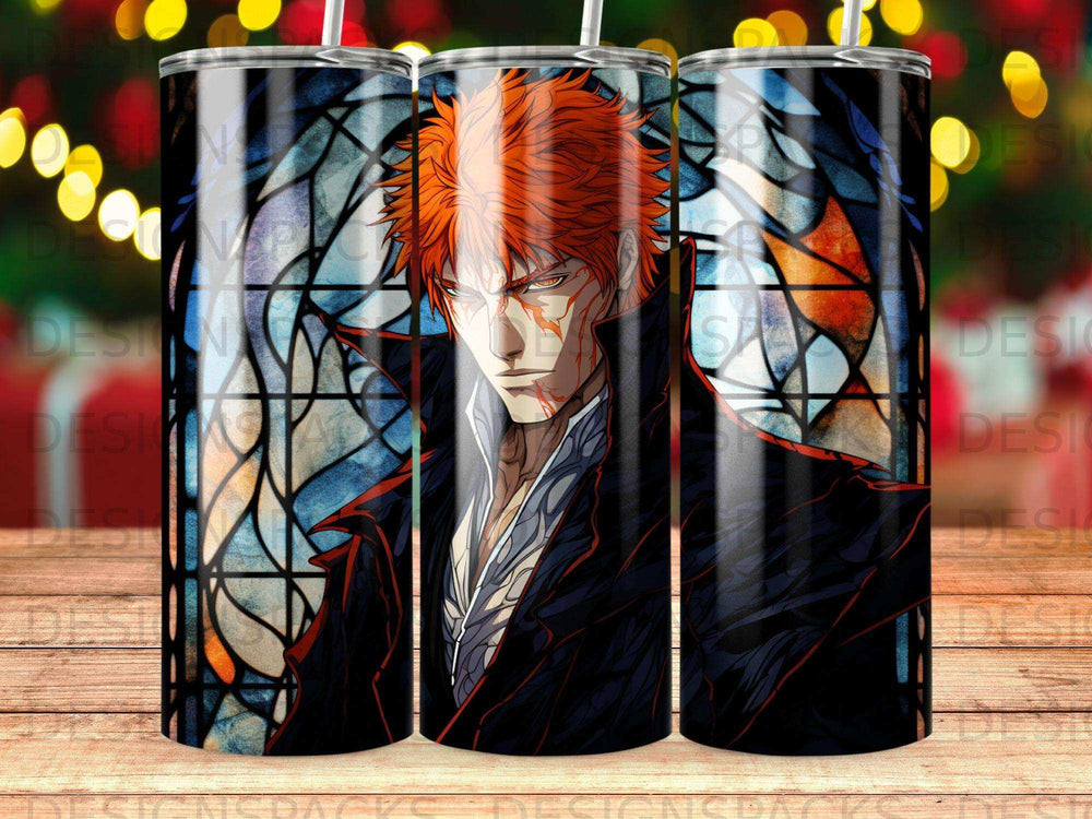 Anime character with orange spiky hair and scars, against a stained-glass background.