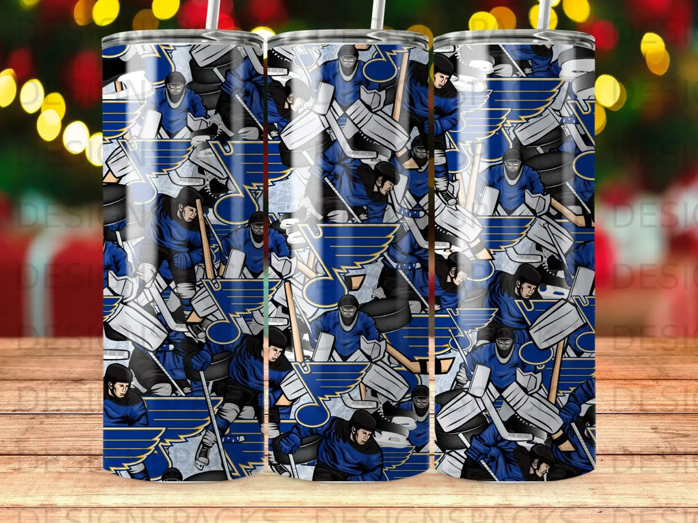 Three St. Louis Blues hockey-themed tumblers with goalie motif.
