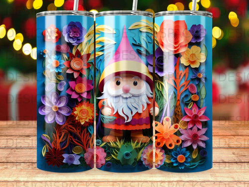 Gnome in colorful garden with paper-cut style flowers and foliage.