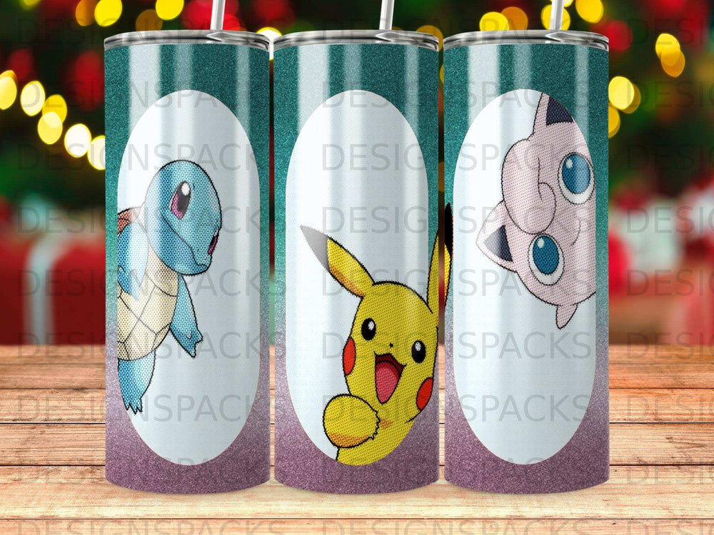 Three Pokémon characters: Squirtle, Pikachu, and Jigglypuff, on a patterned tumbler.