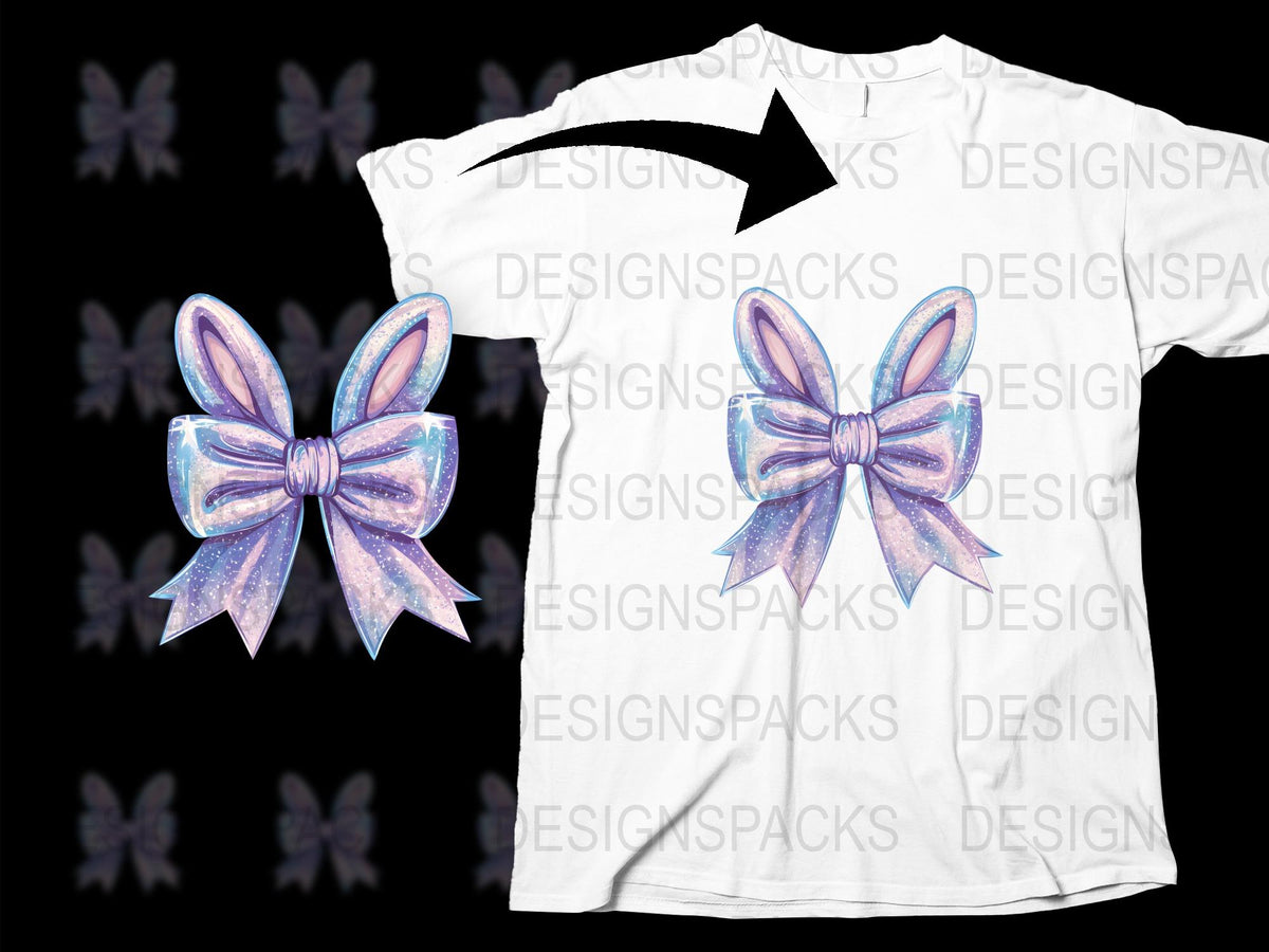 White T-Shirt with Lavender Bow Print, Aesthetic Space Design, Women's Fashion Top