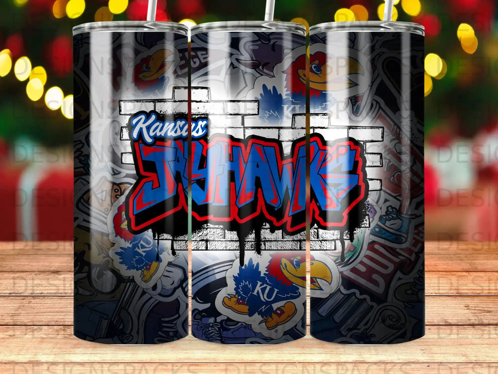 Kansas Jayhawks graffiti-style tumbler with KU logos and stickers.