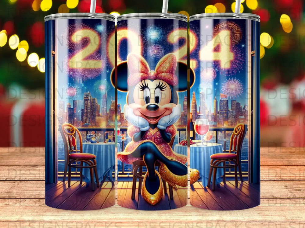 Minnie Mouse in festive attire sits at a table with fireworks display.