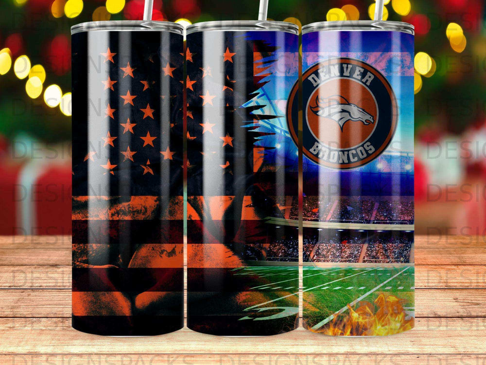 Denver Broncos themed tumbler with American flag and stadium graphics.