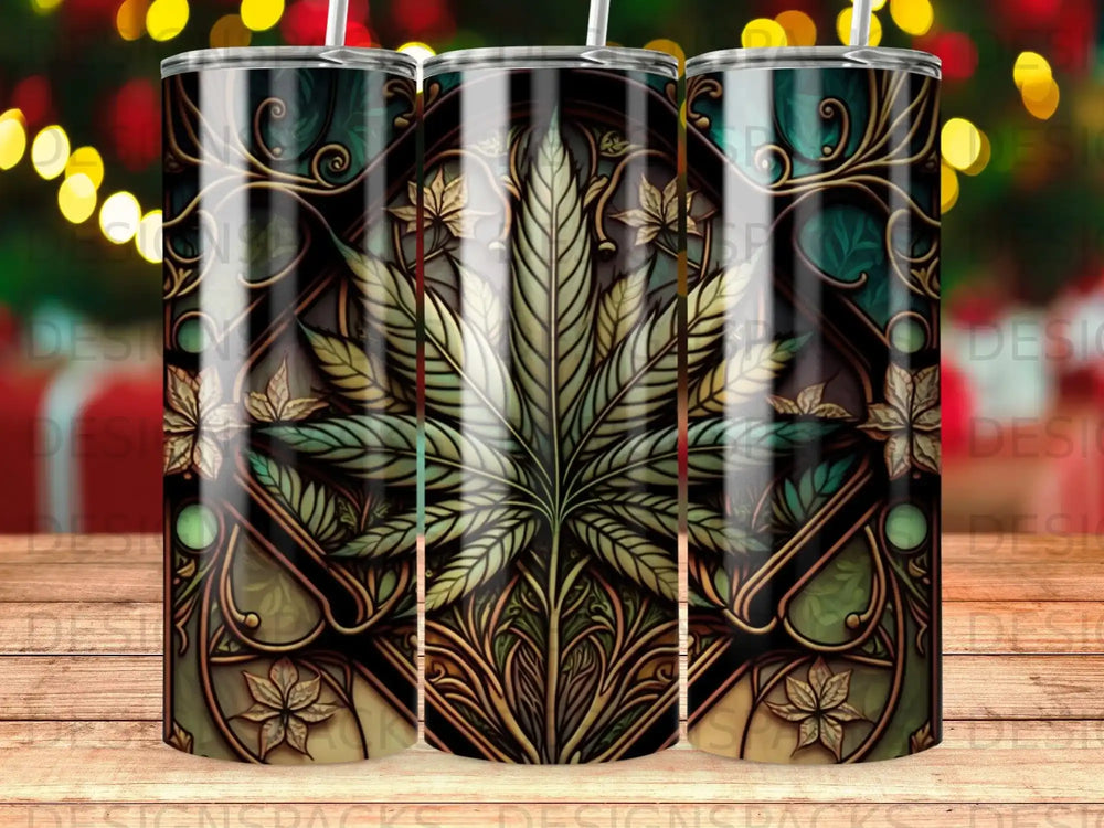 Artistic cannabis leaf design on a stainless steel tumbler.