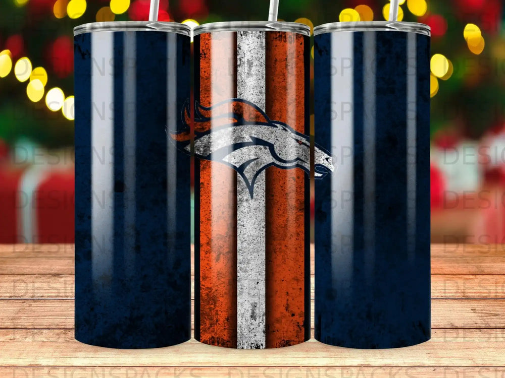 Denver Broncos tumbler with orange and white stripes and a navy blue background.