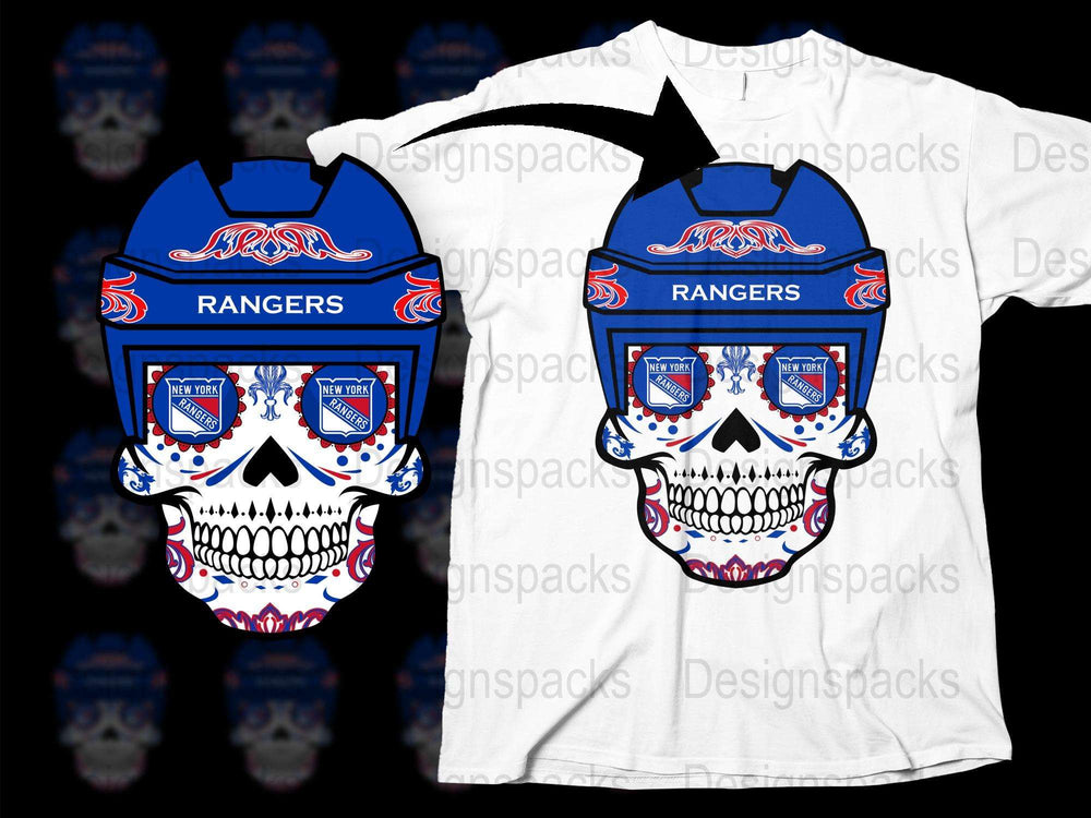 Rangers Skull Graphic T-Shirt, Blue and Red Fire Design, Sporty Casual Apparel