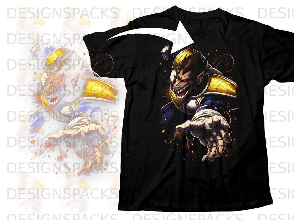 Black t-shirt featuring a menacing anime character with spiky hair and golden armor.