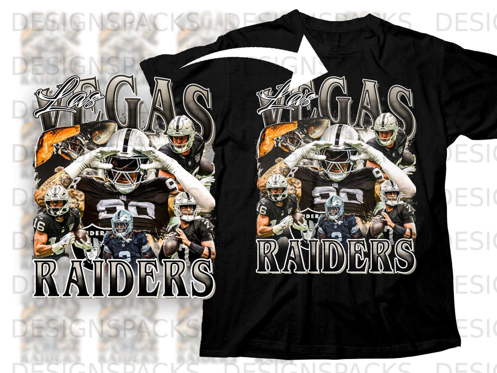 Las Vegas Raiders collage on a black t-shirt.