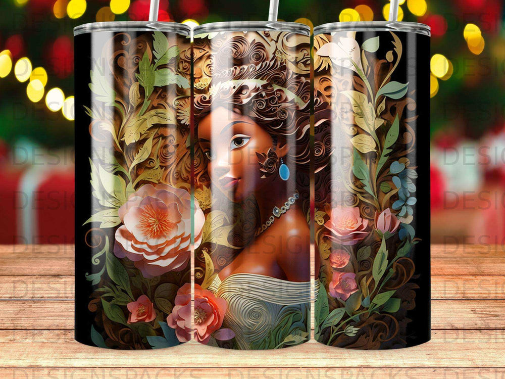 Woman with ornate floral background, golden brown hues, and elaborate hairstyles.