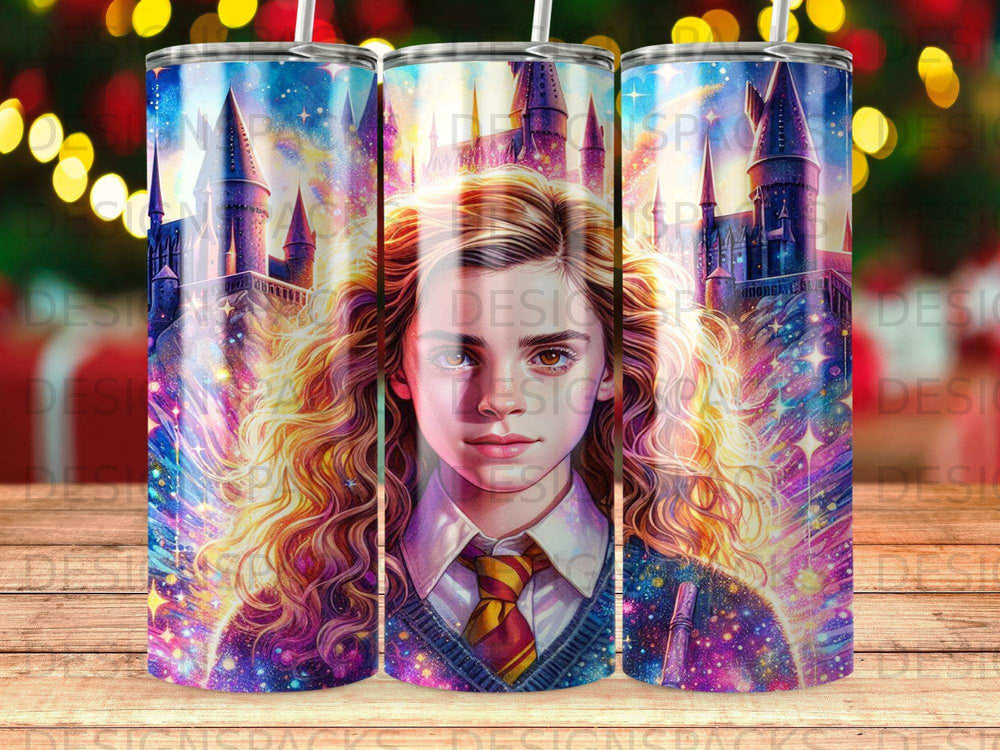 Harry Potter character Hermione Granger with Hogwarts castle and starry background.