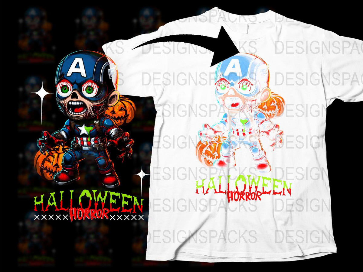 Halloween Horror Captain America Zombie T-Shirt, Scary Superhero Graphic Tee, Unique Comic Style, Adult and Kids Sizes Available