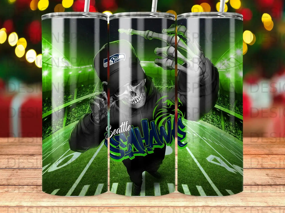 Seattle Seahawks skeleton mascot on football field, wearing team hoodie.
