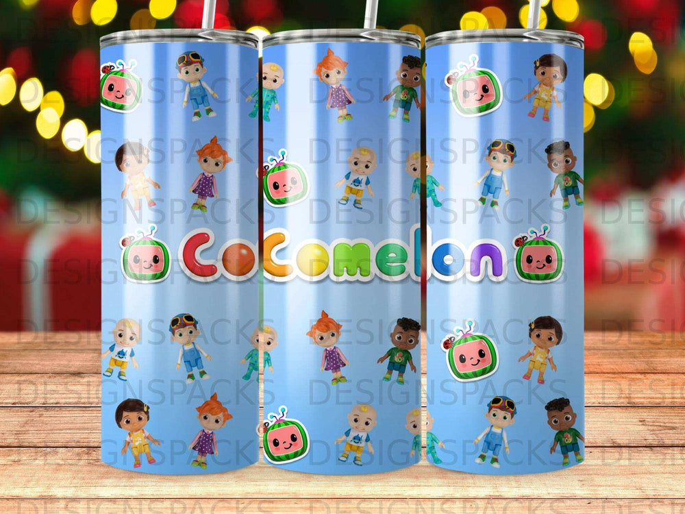 CoComelon tumbler with cartoon characters and playful font.