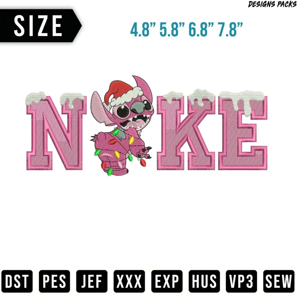 Stitch wearing a Santa hat, embroidered on pink letters spelling "NIKE".