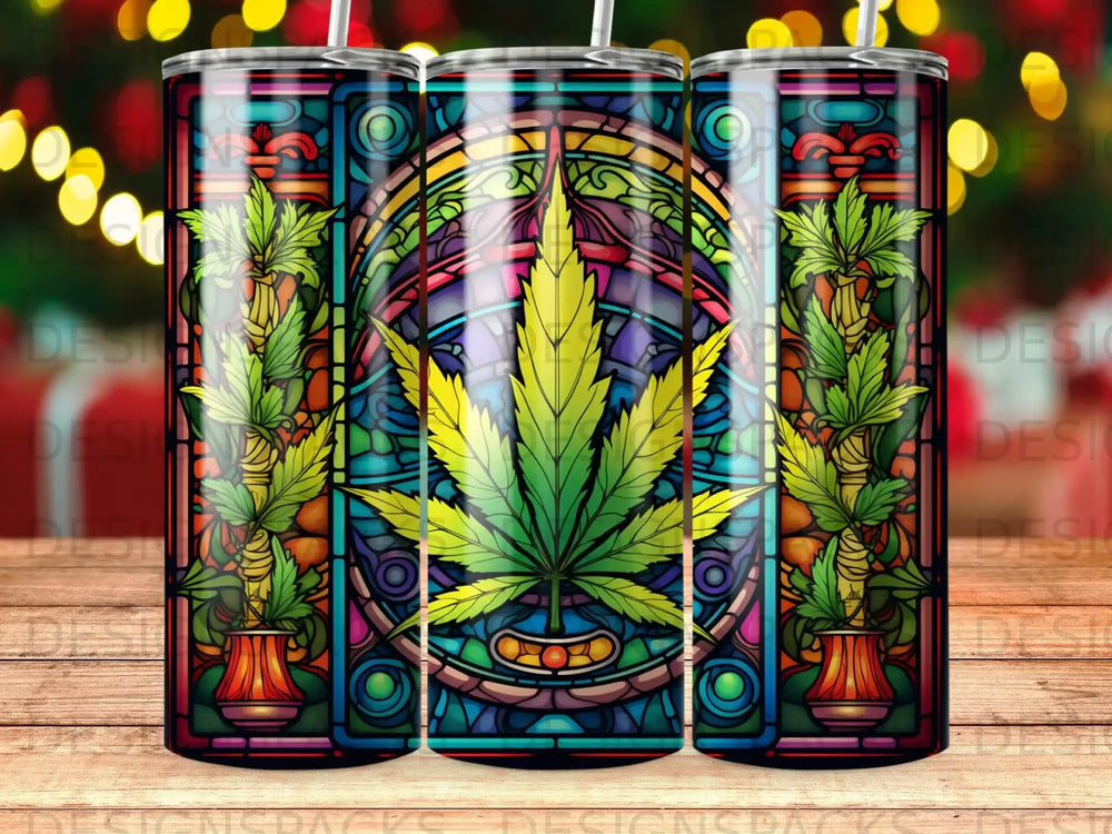 Stained glass pattern with cannabis leaf and potted plants.