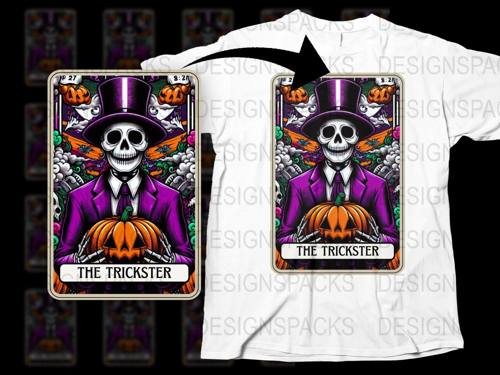 Halloween Skeleton Tarot Card T-Shirt, The Trickster Graphic Tee, Goth Style Apparel, Unique Men's and Women's Fashion