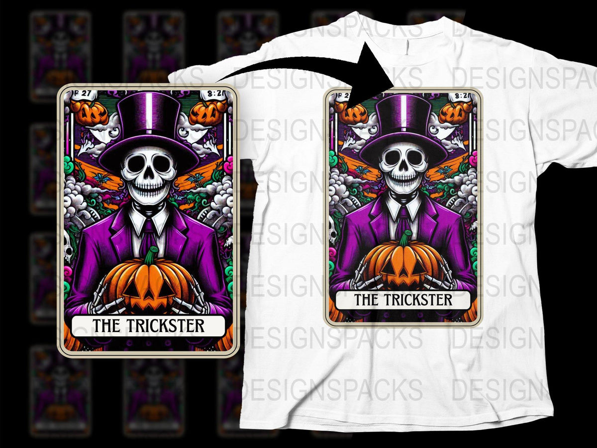 Halloween Skeleton Tarot Card T-Shirt, The Trickster Graphic Tee, Goth Style Apparel, Unique Men's and Women's Fashion