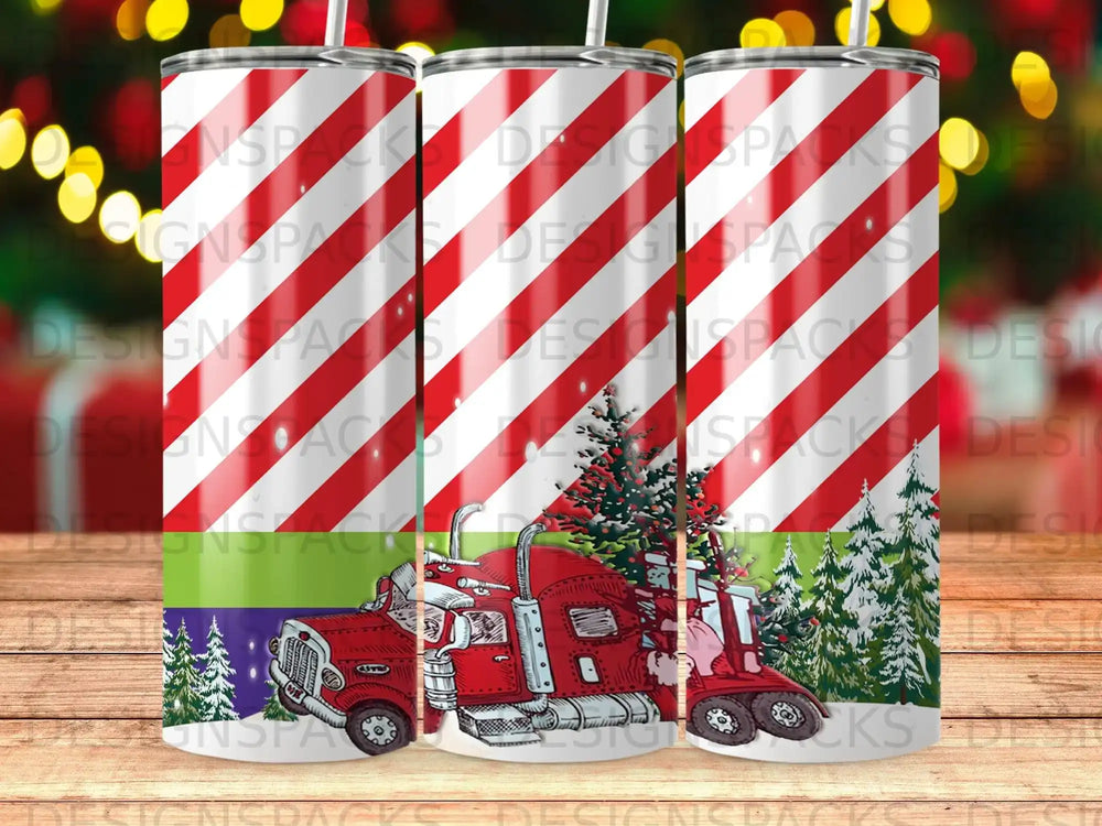Red truck with Christmas tree and snowy evergreen trees.