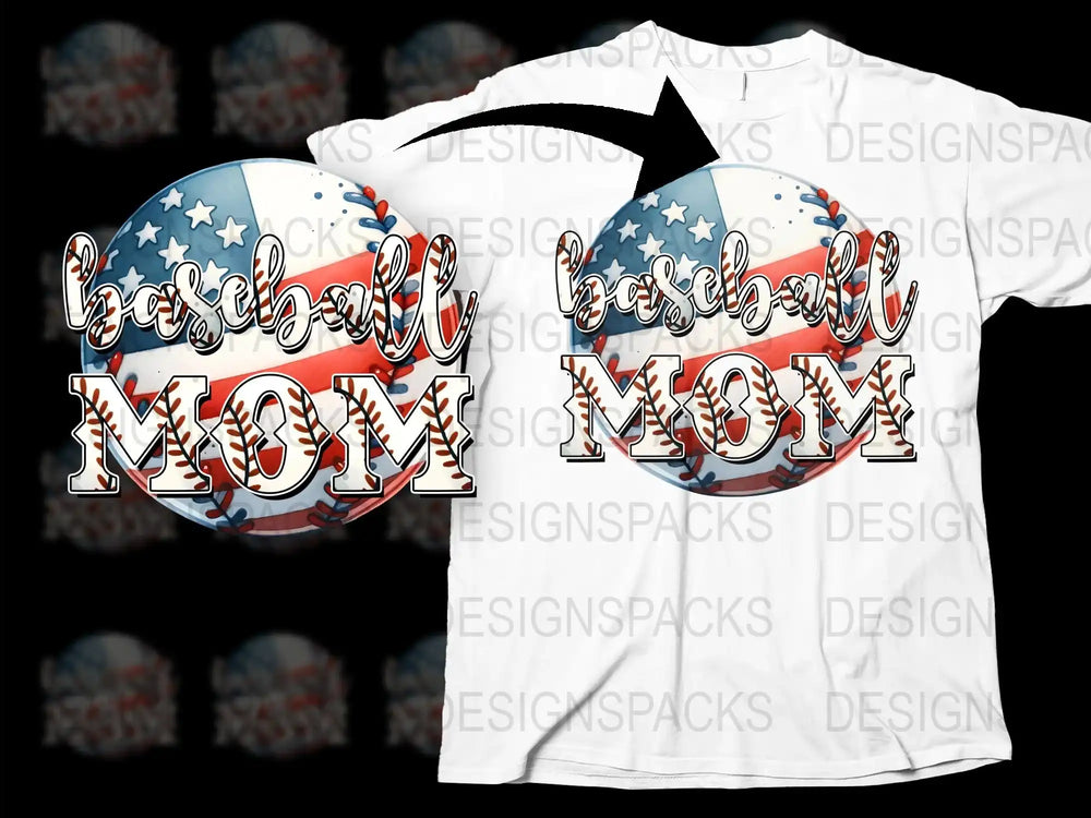 Baseball Mom T-Shirt, Patriotic Stars and Stripes Design, Sporty Family Apparel, Women's Graphic Tee, Casual Summer Fashion