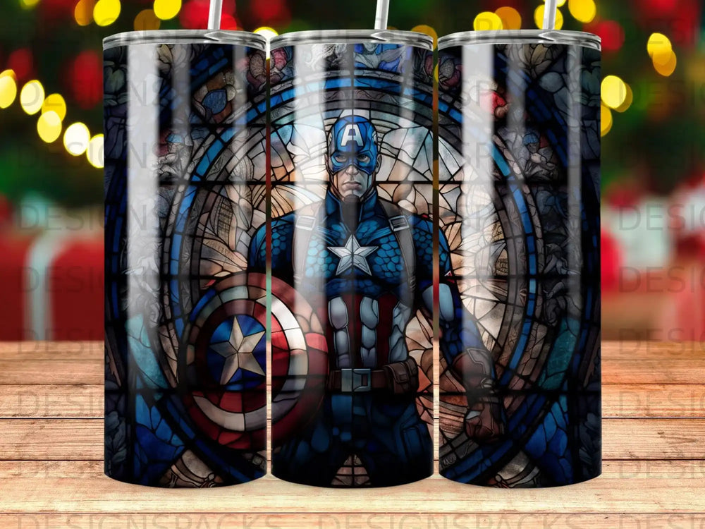 Captain America stained glass art on a tumbler.