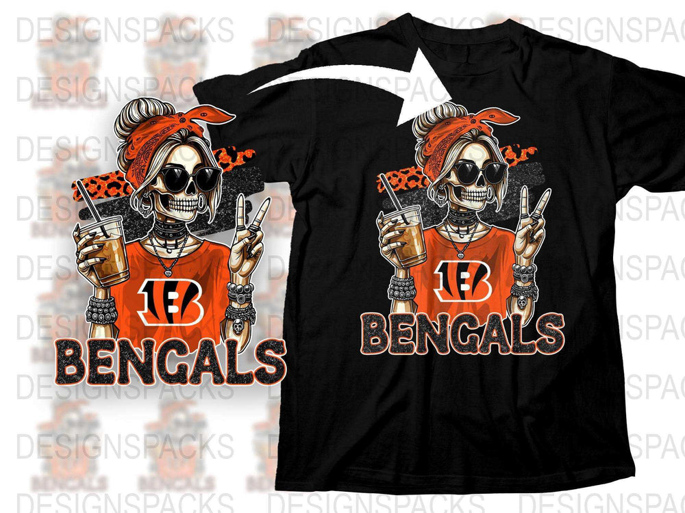 Bengals Fan Skull T-Shirt, Halloween Sports Theme Graphic Tee, Orange Black