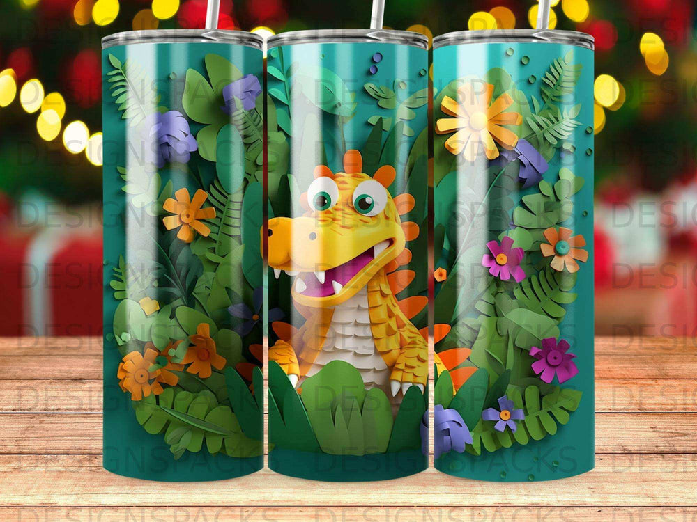Cartoon dragon peeking through colorful paper flowers and leaves.