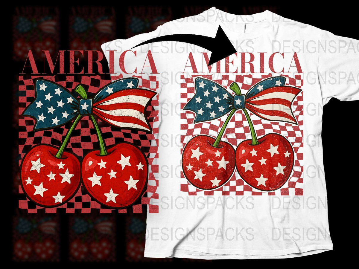 Patriotic America T-Shirt, Red Cherries with Flags, Stars and Stripes, 4th of July Outfit, Unisex Graphic Tee, Summer Fashion