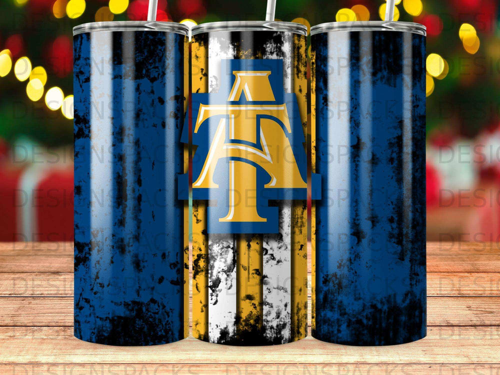 Blue and yellow distressed tumbler with the North Carolina A&T Aggies logo.
