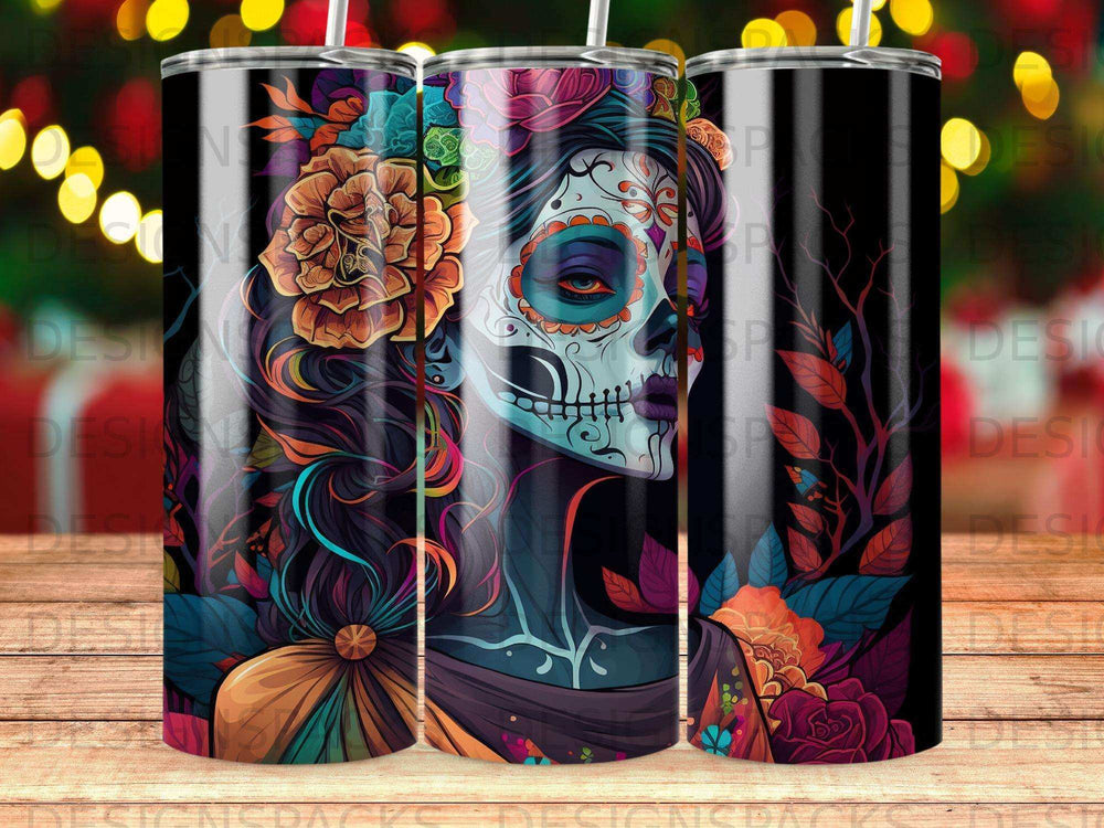 Sugar skull woman with flowers and colorful, dark background design.
