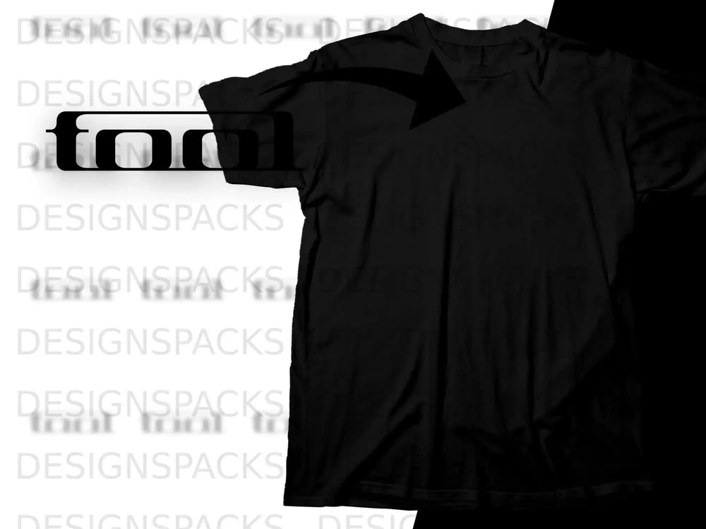 Black t-shirt with "DESIGNSPACKS TOOL" watermark and arrow graphic.