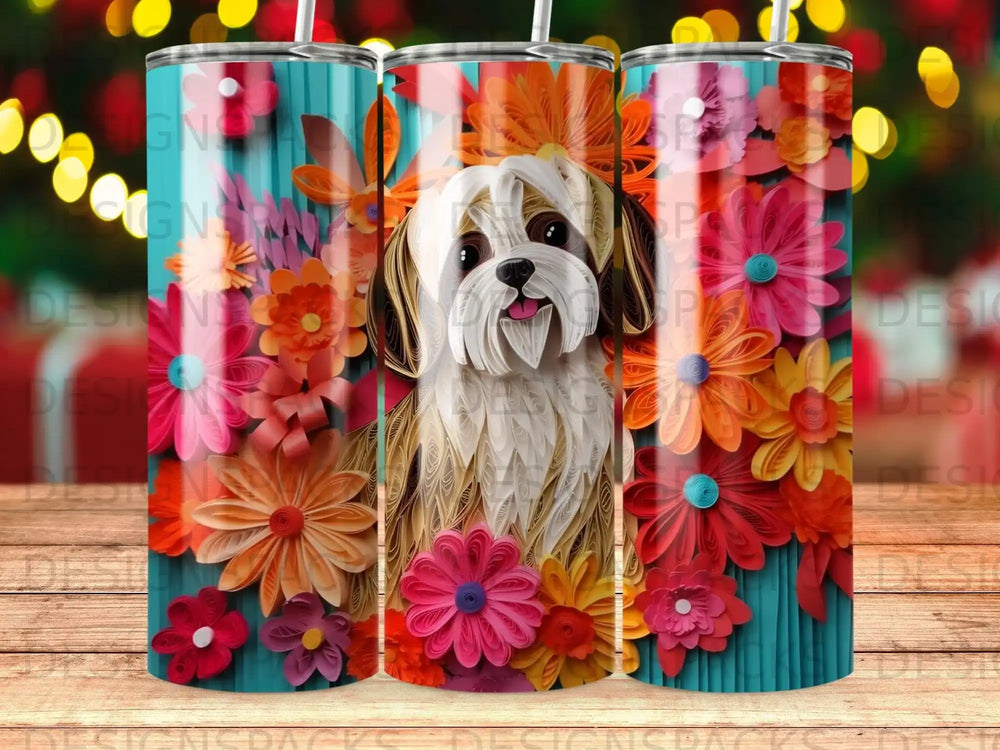 Shih Tzu dog surrounded by colorful paper flowers on a teal textured background.