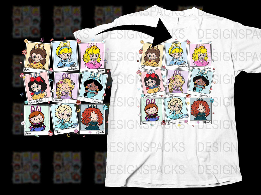 Cute Cartoon Princess Characters Kids T-Shirt, Colorful Graphic Tee, Girls Birthday Gift Idea
