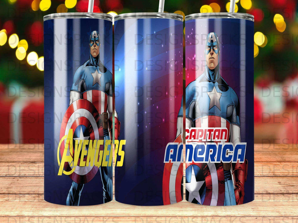 Captain America with Avengers logo on a patterned tumbler.