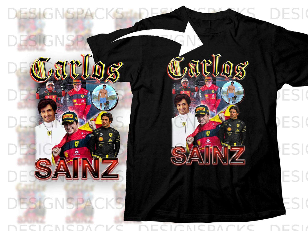 Black t-shirt featuring Carlos Sainz with F1 car and branding.