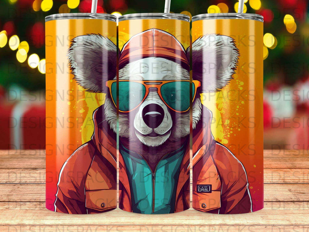 Koala wearing sunglasses and an orange jacket, holding a travel mug.