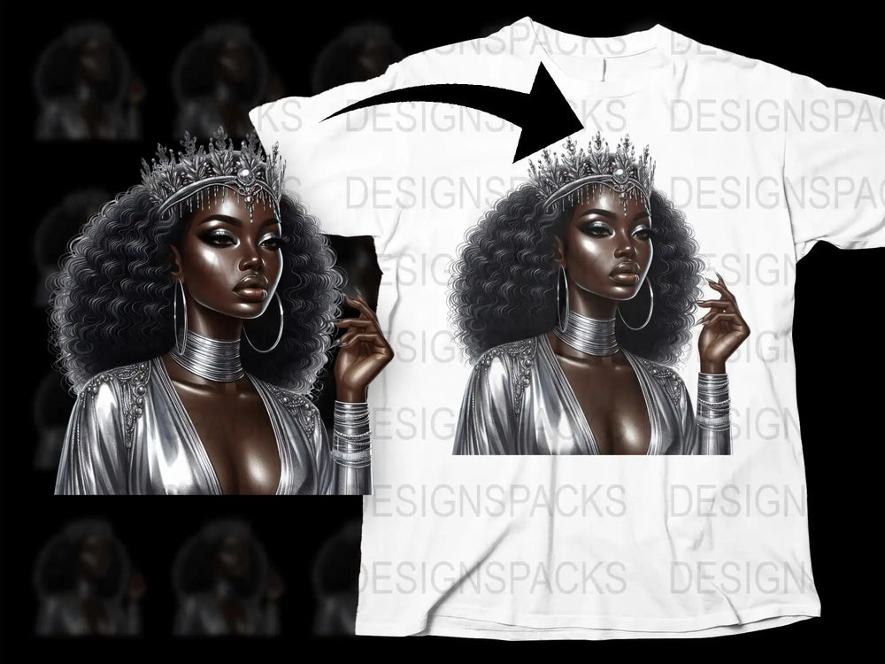 Afro Queen Graphic T-Shirt, Silver Crown and Armor, Black Woman, Elegant Royal Tee, Unique Fashion Shirt Design, Artistic Apparel