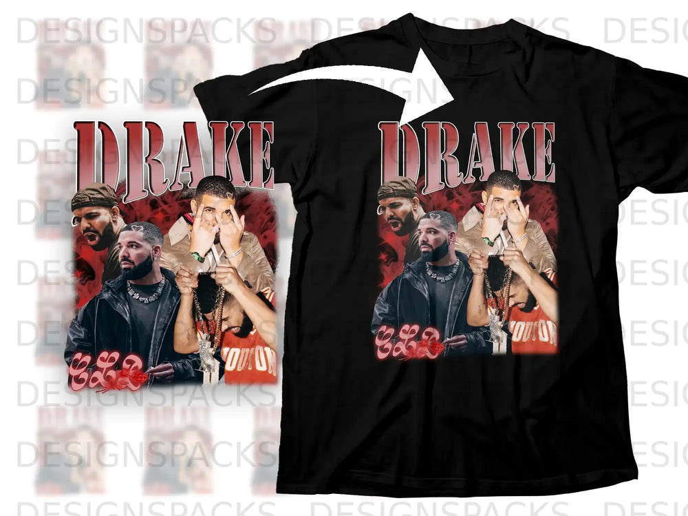 Black t-shirt with Drake's "Drake" logo and a portrait of the artist.